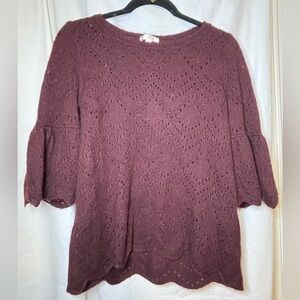 LC Lauren Conrad Maroon Red Eyelet Ruffle Scallop Edge Sweater Size M